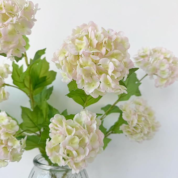 YalzoneMet RUZUQE 4 Pcs Light Pink/Green Artificial Snowball Viburnum Flower Small Blooms Hydrangea Real Touch Faux Latex 26.8'' Long Stem Snowball Flower for Spring Home Decoration Table Centerpiece