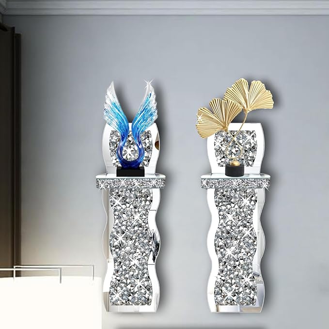 ZOLAPI Set of 2 Crystal Crush Diamond Candle Sconces, Gorgeous Silver Mirrored Wall Sconce, Wave Pattern Irregular Candle Holder Glass Wall Decorations for Home Décor, Living Room, Dining Room.
