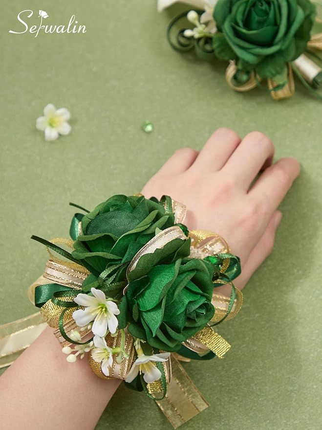 Serwalin Green Prom Corsage and Boutonniere Set, Artificial Calla Lily & Rose Wrist Corsage Wristlet for Homecoming, Formal Dance, Wedding Flower Accessories Suit Decorations