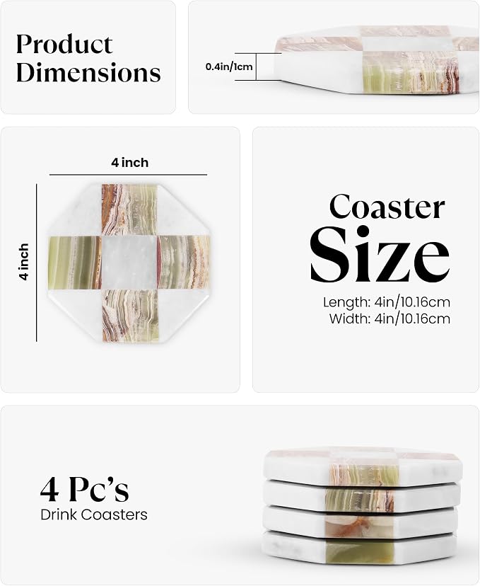 Marble Coasters Set of 4, White & Green Onyx Handmade 4 inch Star Stone Coaster, Decorative Checkered Cup Coaster for Coffee Table, Housewarming Gift & Luxury Kitchen Accessories