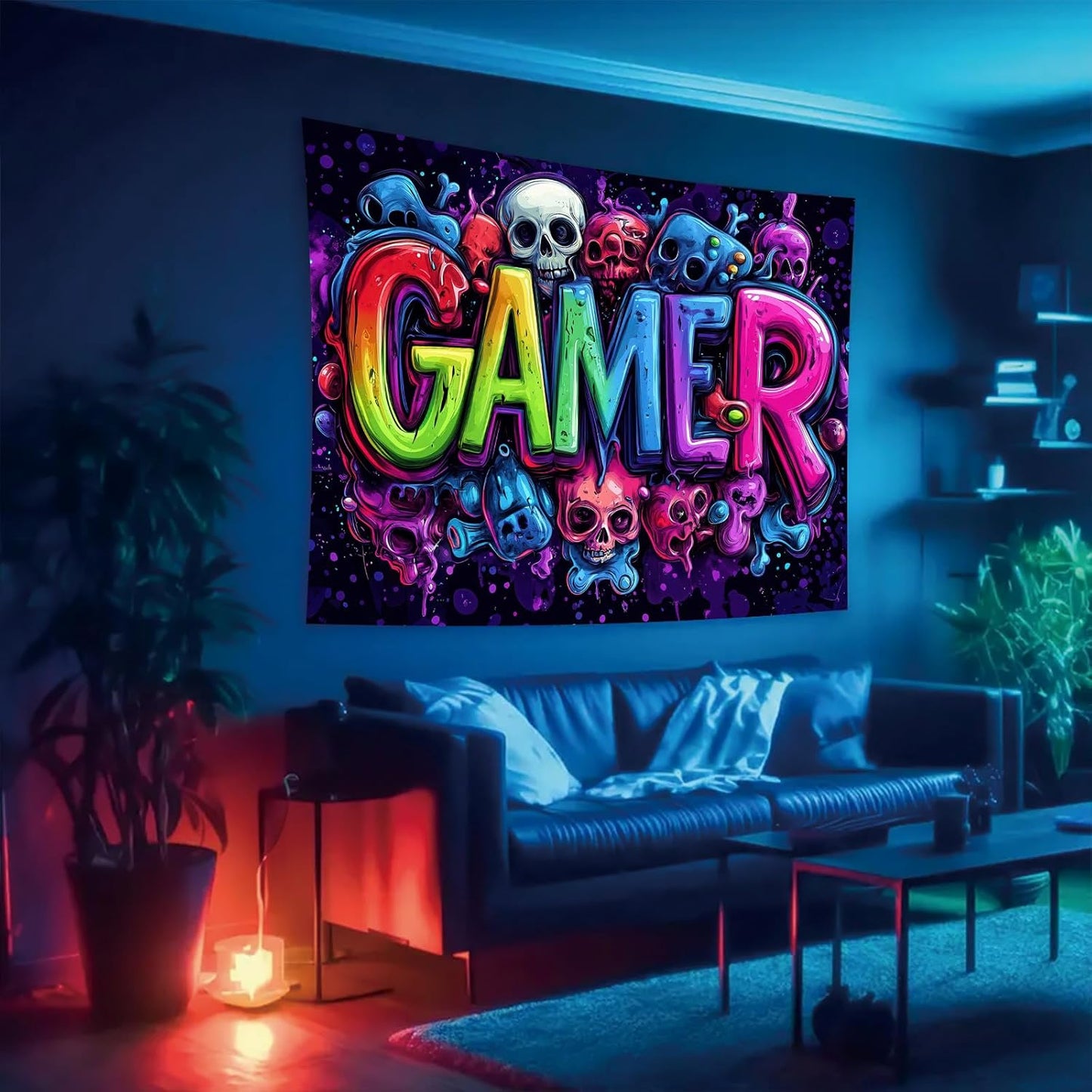 Starlit Patio Blacklight Skull Tapestry Gothic Skeleton UV Reactive Gamer Tapestry Horror Glow in The Dark Wizard Magic Forest Wall Hanging for Home Decor 78 x 59 Inches