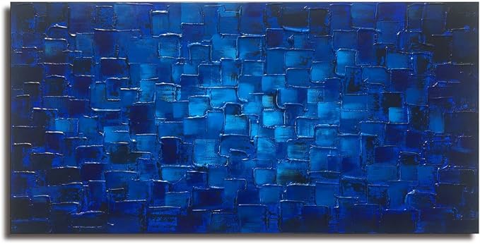 MyArton Textured Abstract Squares Canvas Wall Art Hand Painted Modern Dark Blue Oil Painting for Decoration Ready to Hang 48x24inch