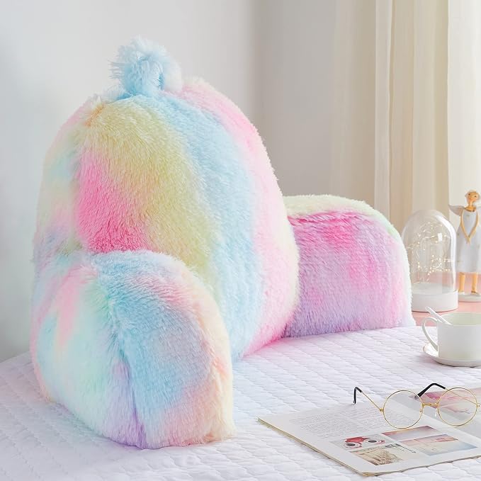 Faux Fur Backrest Pillow for Kids, Teen Reading Pillow with Arms, Fluffy Back Support Pillow for Sitting Up in Bed/Couch, Bed Wedge Pillow for Girls, Reading & Bed Rest Pillows (Pink)