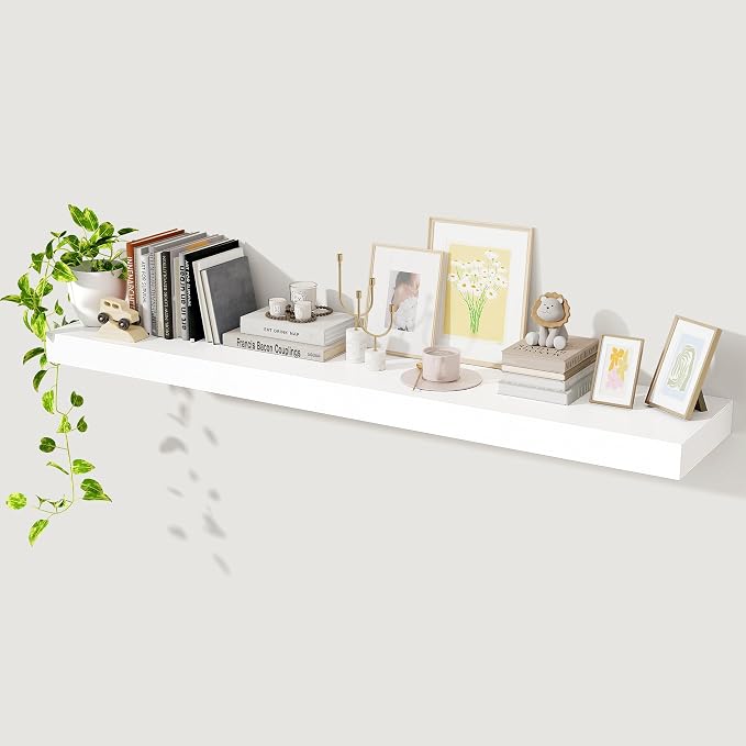 Axeman 55Inch Floating Shelves for Wall, Rustic Wood Shelves for Bedroom, Bathroom, Kitchen, Hanging Wall Mounted Shelf with Invisible Brackets for Books Decor, Set of 1, White