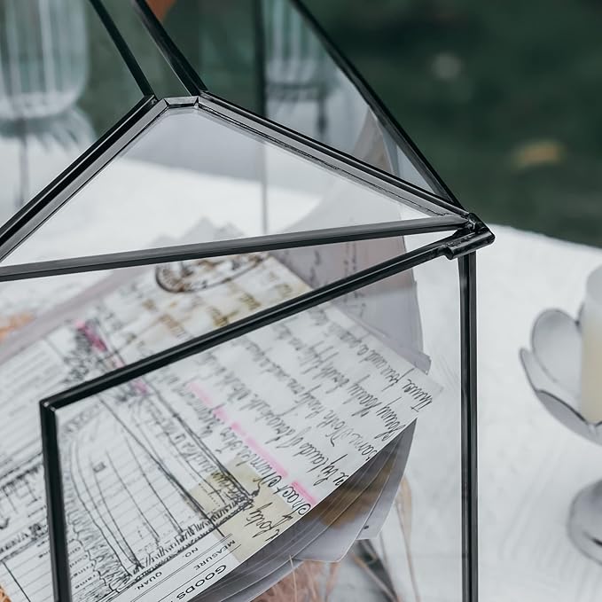 NCYP Small Wedding Glass Cards Box with Slot and Lock, 10.2 x 5.9 x 7.9 Inch, Black Geometric Cards Holder for Birthdays Party Reception, Wishing Well - Slot Length 6.3'' (Glass Box Only)