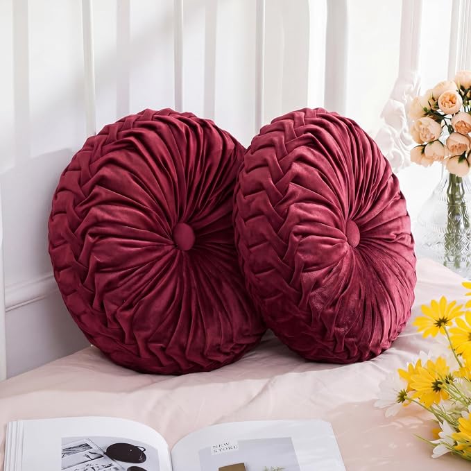 Drydiet 2 Pcs Round Throw Velvet Pillows Decorative Pleated Throw Pillows Diameter Accent Pumpkin Boho Chair Cushion for Couch Sofa Home Decoration (Wine Red,15'')