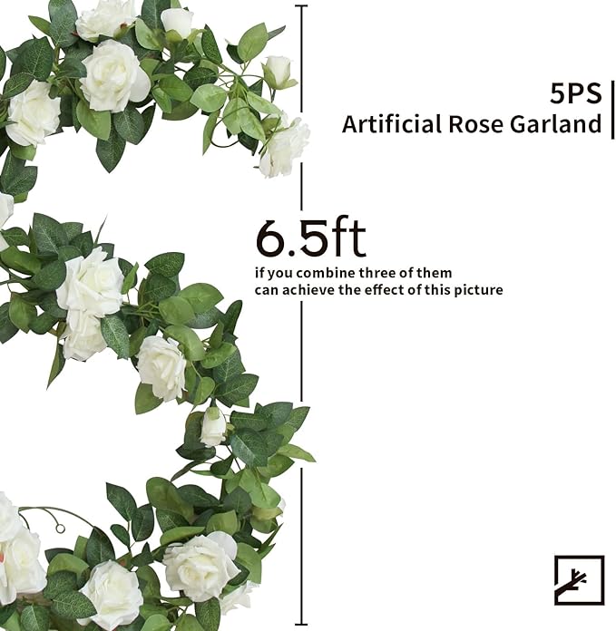 ZIFTY 5Pcs 32.5FT Artificial Rose Vine Fake Flower Garland White Fake Silk Floral Hanging for Wedding Arch, Garden Tea Party Backdrop Room Decor and Home Decoration Outdoor Wall Decor