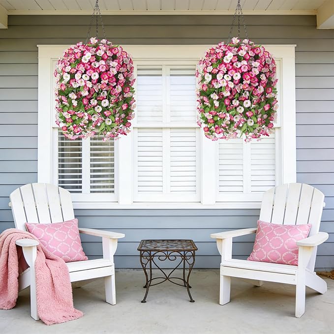 INXUGAO Artificial Flowers with Hanging Basket, Outdoor Faux Plants Silk Morning Glory Vines, Fake Green Arrangement for Garden Patio Spring Summer Decor (4pcs, Pink)