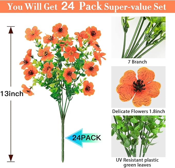 MERIXMAS 24 Bundles Fall Flowers Artificial for Halloween Decoration Outdoors, Fake Plants Autumn, Mums Daisy Eucalyptus Realistic UV Resistant for Garden Patio Porch Home Decor, Orange