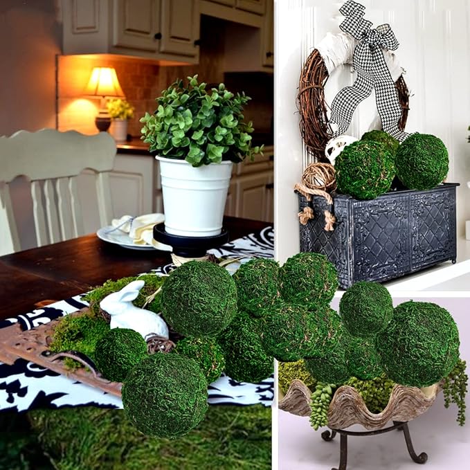 BYHER Moss Balls, 18 PCS Decorative Balls for Centerpiece Bowls - 6pcs 3.2" Natural Dried Balls+ 12pcs 2" Green Moss Balls Vase Bowl Filler (Set of 18)