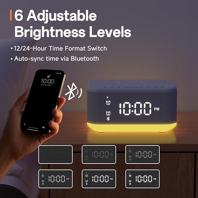 Wireless Charging Alarm Clock Bedroom, Digital Alarm Clocks Bedrooms Bluetooth, Loud Bluetooth Speaker Alarm Clock Night Light Dual Alarm Snooze 12/24H Dimmer Bluetooth AUX USB Charging, Grey