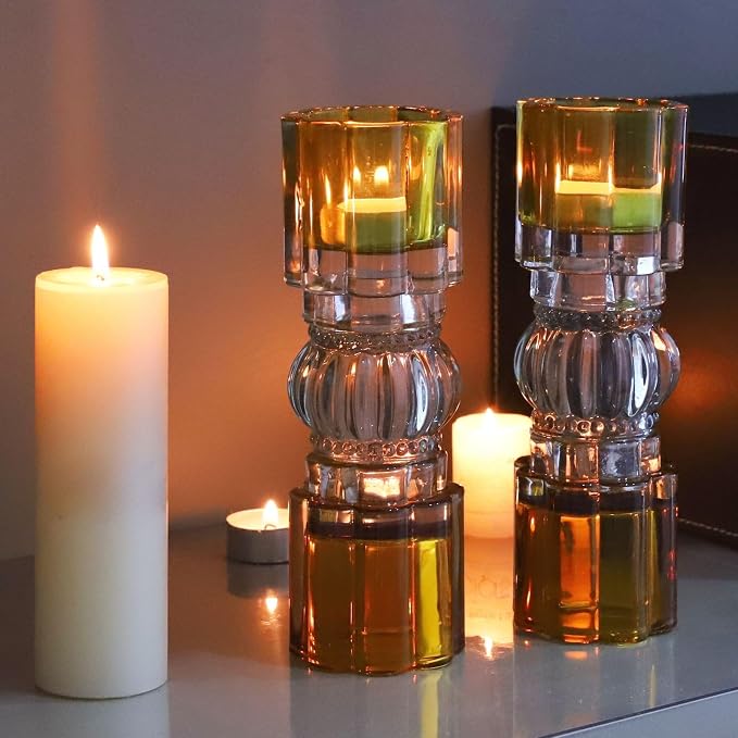 VOHO Amber Votive Candle Holders for Fall Decor, Set of 2 Vintage Tealight Candle Holder for Coffee Table Mantle, Tall Votive Holder Jazzy Glass Mix for Centerpiece(7.87x2.75 in W/H, Shades of Amber)