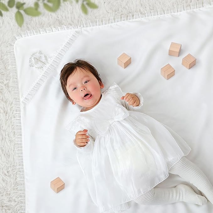 Tencel Baptism Baby Blanket – Lyocell Christening Blanket with Pleated Edge and “Be Blessed” Cross Embroidery, 39.4×39.4 in, Soft Heirloom Religious Gift for Boys & Girls
