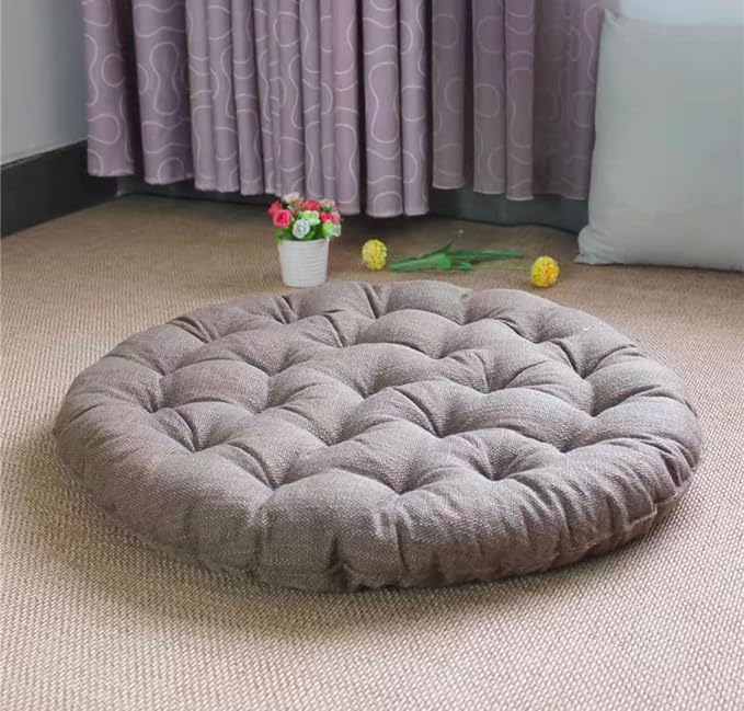 Large Linen Floor Cushions,Round Futon Pillows Japanese Style Tufted Floor Pillows Meditation Cushions for Seating On Pad for Yoga Sofa Balcony(Size:26x26inch,Color:Khaki)