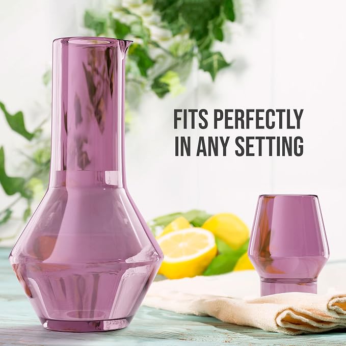 American Atelier Carafe and Glass Set | Water Jug with Matching Tumbler | Easy Pour Spout for No Mess | Use in Office and Kitchen | 43-Ounce Capacity Pitcher | 10-Ounce Tumbler (Plum)