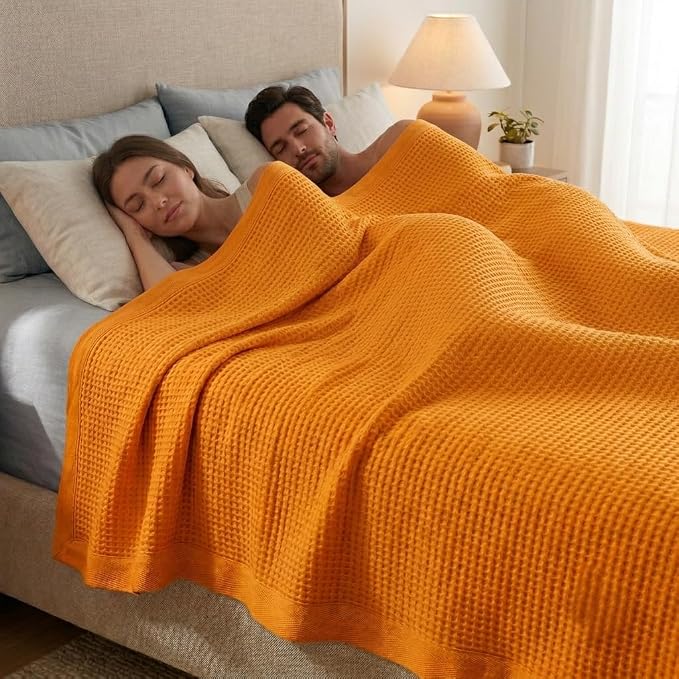 TreeWool Premium 100% Cotton Waffle Summer King Blanket (90"x108", Mustard) | 420 GSM Breathable Lightweight Moisture Wicking Soft Knit Thermal Blanket for Bed or Sofa All-season Comfort Machine Washable