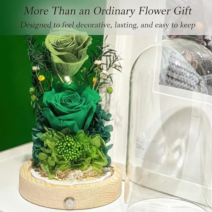 Preserved Flowers Gifts for Women, Unique Green Preserved Roses in Glass Dome, Forever Flowers for Mom, Birthday Gifts for Women