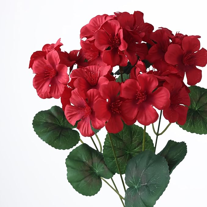 GLIDLION 24 Bundles Artificial Geranium Flowers for Spring Summer Decor, UV-Resistant Fake Plants Realistic Faux Silk Bouquets for Front Door Farmhouse Garden Porch Home Outdoor Decor (Red)