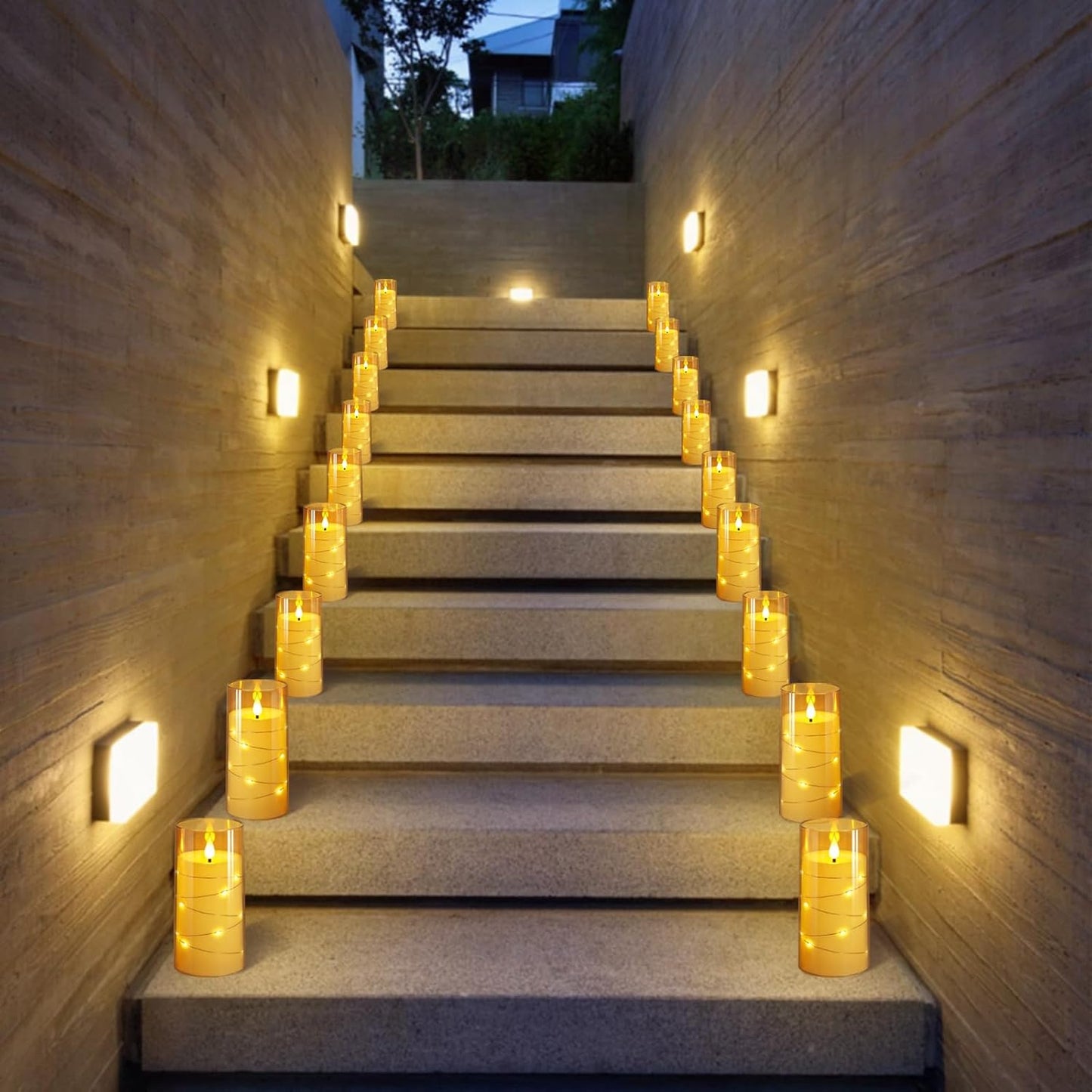 NURADA Flickering Flameless Candles: Built-in Star String Lights Acrylic Battery Operated LED Pillar Candles with Remote and Timer for Romantic Mood Home Decoration - 3 Pack Gold