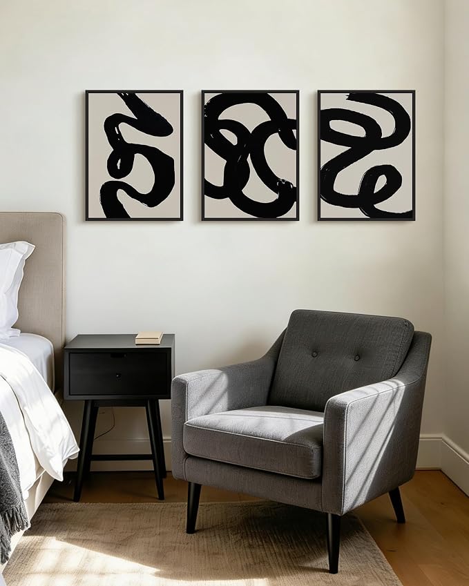 PHOPAGO Black Abstract Modern Framed Wall Art Ink Wash Minimalist Thick Black Lines Paints Artwork Bedroom Living Room Home Decor - 12x16in Black Framed