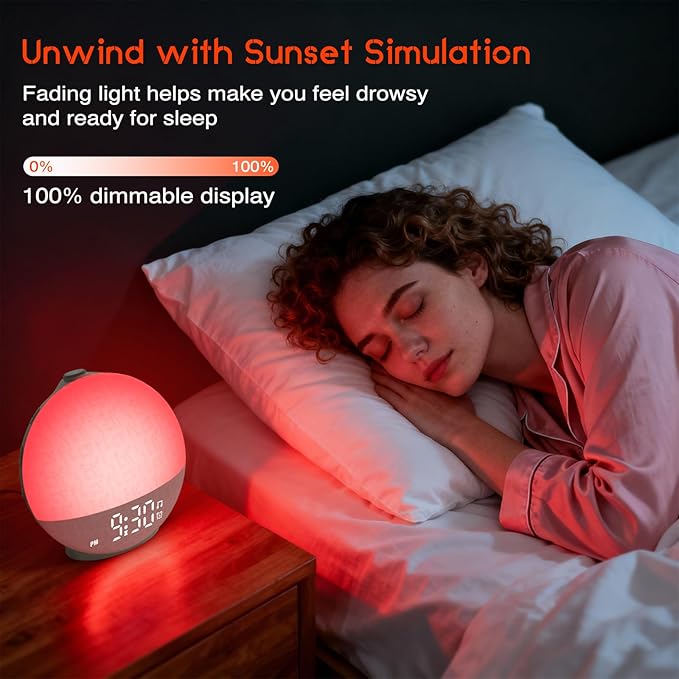 Sunrise Alarm Clock White Noise Machine, Sunset Simulation, 30 Soothing Sounds, 12 Color Night Light, Dimmable Sunlight Lamp Wake Up Light, Digital Clock for Kids Teens Heavy Sleepers Adults Bedrooms