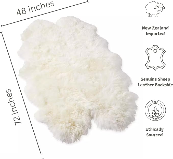 Woolous Sheepskin Rug 4x6 ft, Large Genuine Lambskin Quad Pelt Ivory-White | Genuine New Zealand lambskin quad pelt with fluffy wool. Ideal as sheep skin area rug, fur throw, nursery or bedroom decor.