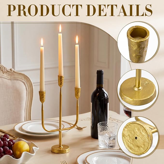 1 Pcs 16 Inch 3 Arm Metal Candelabra Cast Iron Taper Candelabra Vintage Tall Candle Holder Decorative Candlestick Holder for Wedding Antique Table Centerpiece & Mantel Decor (Gold)