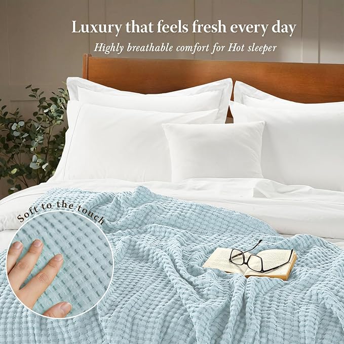 Threadmill Cooling Blanket Twin Size Waffle Weave| Breathable, Lightweight & Ultra-Soft | Made from Rayon Derived from Bamboo | Waffle Throw for Couch and Sofa | 68 x 92 Inches | Light Blue
