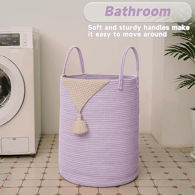 JMvicyroam Large Woven Laundry Basket Hamper,60L Cotton Rope Storage Bin for Blankets,Toys and Clothes,Decorative Tall Nursery Hamper for Living Room,Baby Nursery,Bathroom and Bedroom,Purple