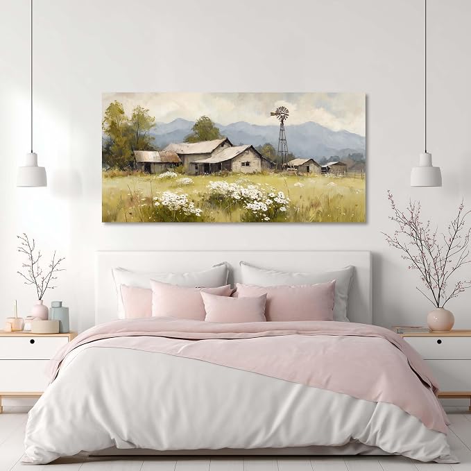 Rural House Wall Art for Living Room Canvas Oil Painting Prints Beautiful Countryside Tranquility Cabin Landscape Art Deco Retro Rustic Artwork Office Bedroom Farmhouse Dining Room Decor Large