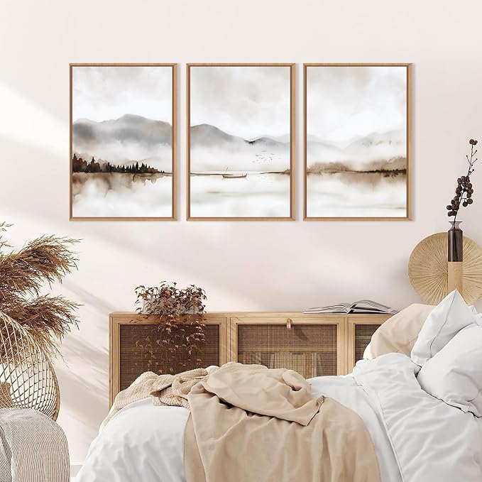 Neutral Abstract Mountain Framed Canvas Print Wall Art Set,Watercolor Beige and Gray Calming Landscape Wall Decor,Modern Minimalist Nature Artwork for Living Room,Bedroom-16 x24 x3