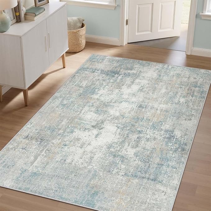 4x6 Washable Area Rug Blue Cream Abstract Non Slip Soft Low Pile Rug for Entryway Kitchen Bathroom Neutral Modern Throw Carpet for Living Room Bedroom Home Decor