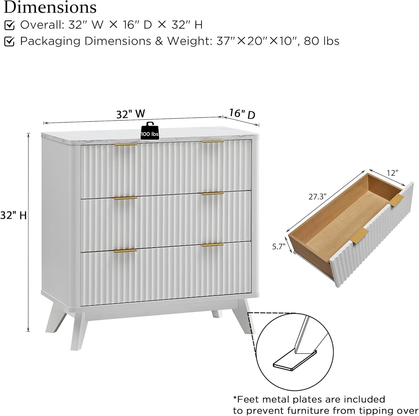 T4TREAM 32" Tall Fluted Nightstand, Modern Side Table with Faux Marble Top, 3 Drawers End Table w/Storage, Bedside Table for Bedroom, Living Room, Curved Profile Design, Solid White