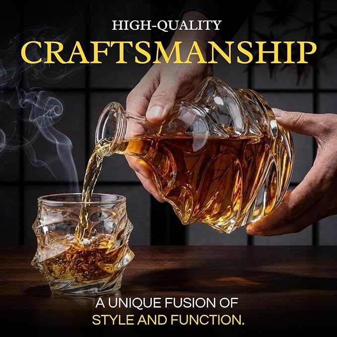 Storm Japanese Crystal Whisky Decanter Set with 4 Tumbler Glasses, Lead-Free Liquor Carafe & 10oz Rocks Glasses - Scotch, Bourbon, Spirits & Wood Base Elegant Barware Gift for Men, Japan Design Gifts