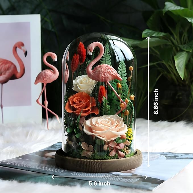 Eternal Flowers with Flamingo-Big Flower Big Love- Gifts for Mom Wife - Forever Flower in Glass Dome-Flowers for Delivery Prime | for Anniversary Birthday Mothers Day (Champagne)