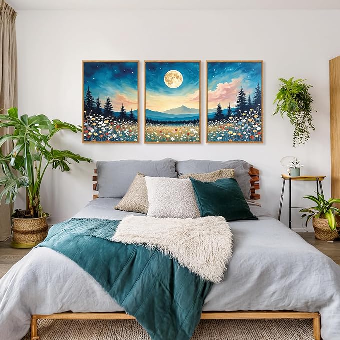 HOURIA 3Pcs Nature Mountain Forest Landscape Canvas Wall Art (16"x24"), Abstract Mystical Moonlight Wildflowers Wall Decor,Framed Colorful Wilderness Field Botanical Art Print for Bedroom Office Living Room Farmhouse