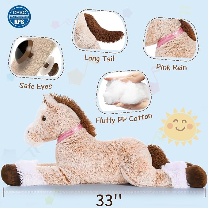 MaoGoLan Large Horse Stuffed Animal, Big Horse Plush Toy for Boy Girl, Ridable Stuffy Pony for Kid, Stuffed Pony Plush Pillow for Baby Shower, Easter Birthday Gifts Party Favor, 33 inches, Brown