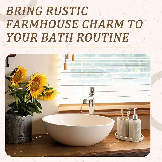Beige 3 Pcs Toothbrush Holder, Soap Dispenser and Toothbrush Holder, Stripes Decorative Tray Set, Vanity Tray for Bathroom, Frosted Farmhouse Decor