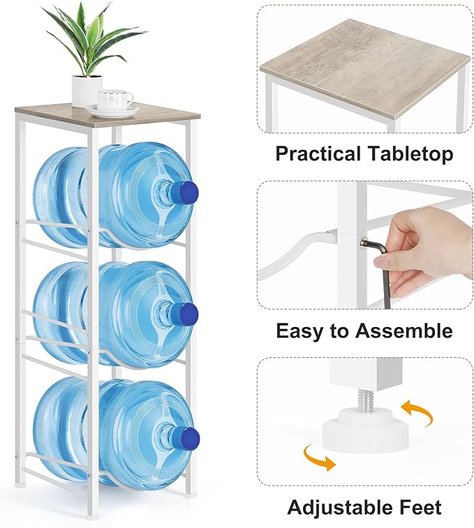 5 Gallon Water Bottle Holder Storage Rack, Water Cooler Jug Holder with Storage Shelves, 3-Tier Water Dispenser Stand for Kitchen Living Room Office, Rustic Grey