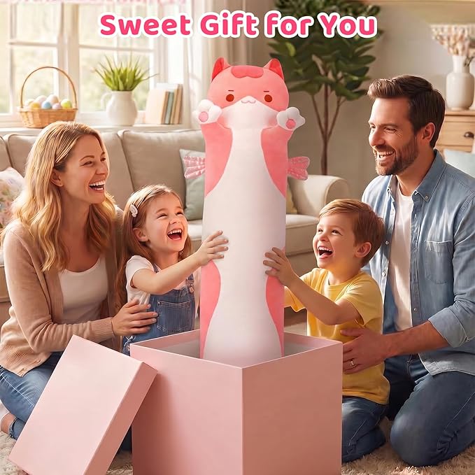 Mewaii Long Cat Plush 5 Sizes, 120% Extra Filling Giant Plushness Kids Body Pillow, Kawaii Cute Pink Cat Stuffed Animals Plushies, Big Long Body Pillow Cat Plush Gift for Girls 28”