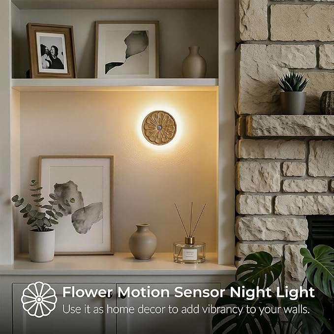 Flower Motion Sensor Night Light, Carved Wooden Flower Wall Lamp, Backlight LED Light, Rechargeable & Stick-On Magnetic Mount for Indoor Decor, Living Room, Bedroom, Stairs (Round Ash Wood *1Pack)