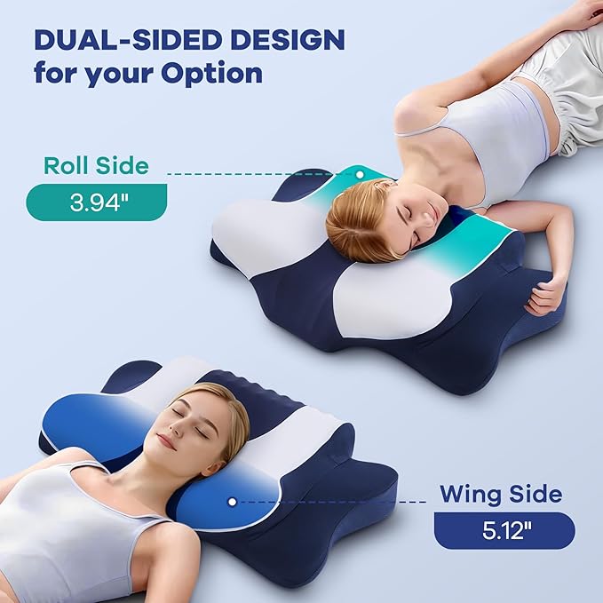 Cervical Neck Pillow for Pain Relief,Cervical Pillow with Memory Foam Ergonomic Pillows with Dual Heights for Back,Stomach and Side Sleepers Kids' Floor Pillows Cushions (Blue, Standard 26"×15")