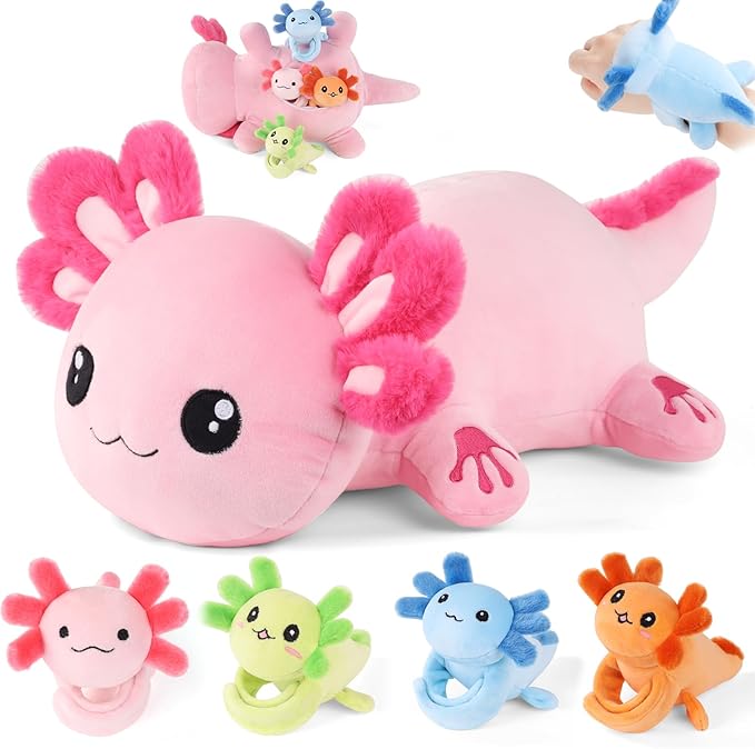 5 Pcs Axolotl Plush Toys for Girls Boys, 18.5" Mommy Axolotl Stuffed Animal with 4 Baby Axolotls Inside, Pink Stuffed Axolotl Salamander Plushies Pillow Toys Gift for Kids Easter Christmas Birthday