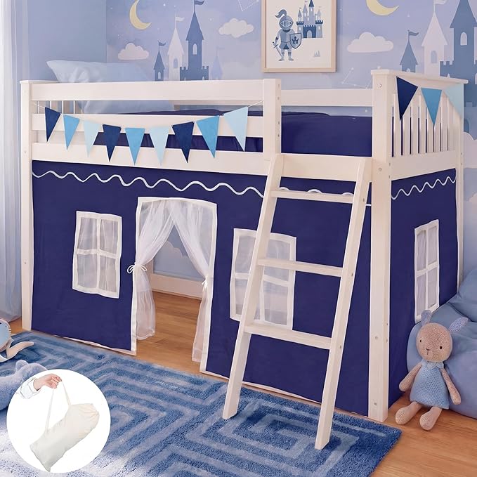 Breling 3 Panel Bunk Bed Curtains for Bottom Loft Bed Tent Set with Felt Flag Double-Layer Twin Bunk Curtains Playhouse Accessories for Boy Girl Bedroom(Blue and White)