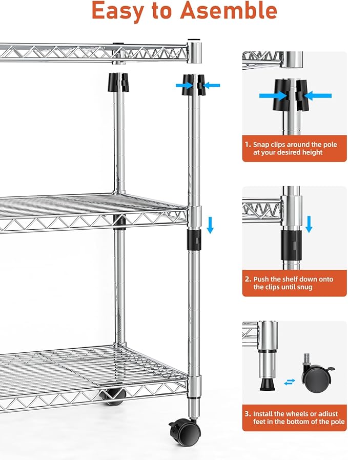 Simple Deluxe 3-Tier Heavy Duty Storage Shelves 750Lb Capacity, 24.02" D x 13.78" W x 29.92" H Adjustable Shelving Unit with Wheels, Chrome