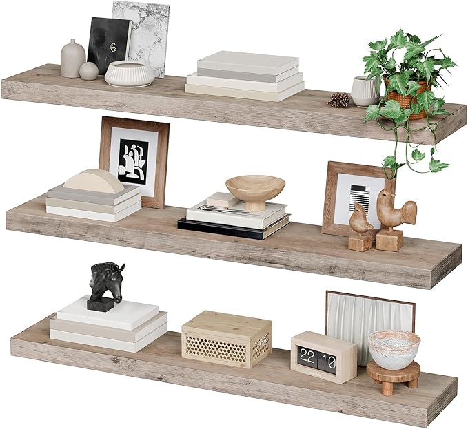 RALGEND Floating Shelves for Wall, 1.5" Thick Wall Shelf Set of 3 with Invisible Brackets, L39.4 x W7.9 Hanging Book Shelves Farmhouse Home Decor for Bathroom, Living Room, Bedroom, Greige 10301BJP3BG