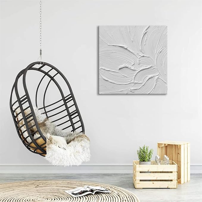zoinart Hand Painted White Canvas Wall Art, 20x20 Inches Abstract Thick Textured Painting, Plaster Wall Art