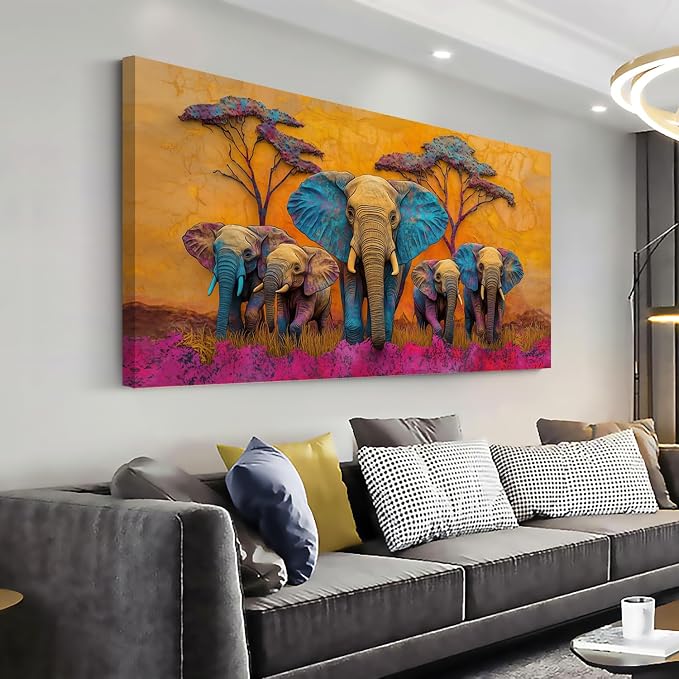 Ggaafet Colorful Elephant Wall Art for Living Room Canvas Painting Prints Beautiful Cute African Purple Surreal Art Deco Modern Artwork Office Bedroom Family Dining Room Decor Extra Large