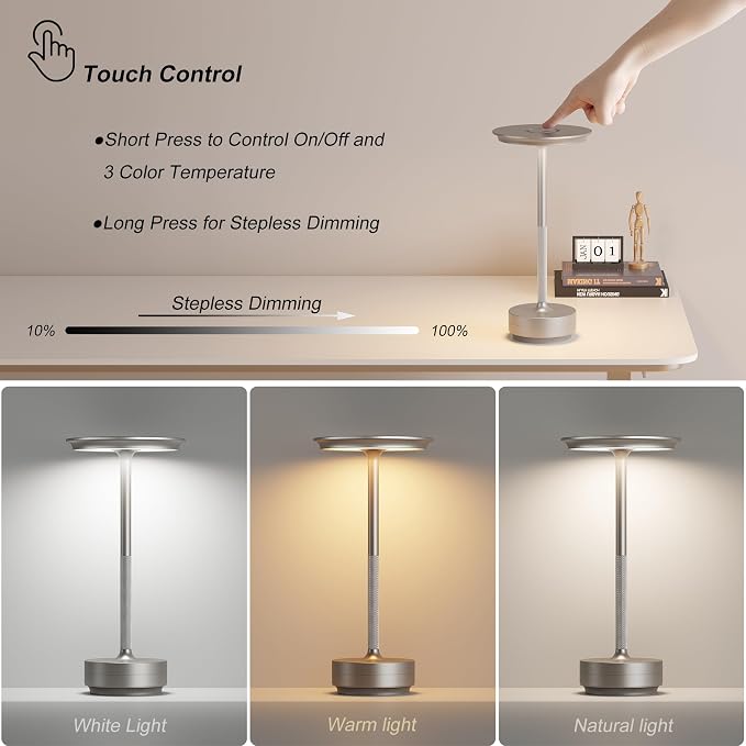 TBBGA 1 Pack Rechargeable Cordless Table Lamps, Portable 5000mAh Battery Table Light, 3 Color Stepless Dimming LED Table Light with Memory Function, for Outdoor/Dinner/Patio/Restaurant.(Silver)