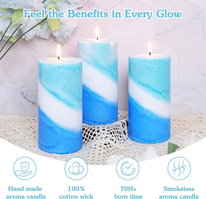 Ocean Scented Pillar Candles, Blue and White Striped Candles, 3x6 Inch, 100% Cotton Core Paraffin Wax Candles, Handmade Aromatherapy Candles Decorative for Gift & Home Decor, Set of 3